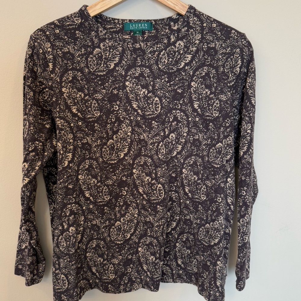 Lauren Ralph Lauren Black and Cream Paisley Crewneck Blouse